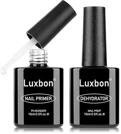 Luxbon 2 st 15 ml Nail Primer och Nail Dehydrator - långvarig, glansig finish, UV LED-nagellampa som suger av gel-nagelförberedande set manikyr