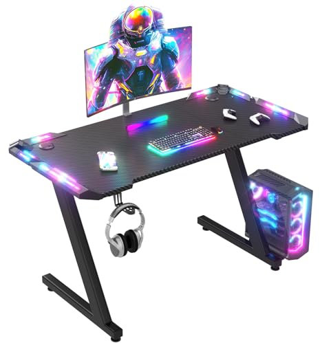 JUMMICO Gaming Tisch mit LED-Beleuchtung, RGB Gaming Tisch, Stabiler Computertisch für Homeoffice und Gamer,Gaming Schreibtisch mit Kopfhörerhalterung und Getränkehalter, 120 x 60 cm, Schwarz