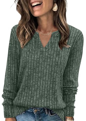 Aokosor Jumpers for Women Lightweight Sweatshirts Ladies V Neck Long Sleeve Tops Women Loose Fit Size 10-12 Green