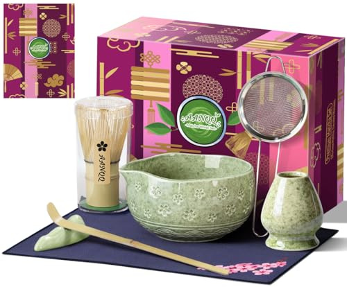 AANQQ Kit Matcha Verde: Matcha Set 7 piezas - Cuenco de matcha con pico 560 ml - Chasen bambú matcha - Cuchara matcha y Colador de matcha Kit té matcha, Ideal para principiantes y amantes del matcha