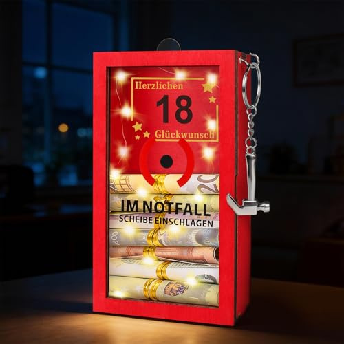 TUZELIYA LED Geldgeschenke 18. Geburtstag - 18 Geburtstag Junge & Mädchen - Personalisierte Geschenke für Geld - Lustige Notfallbox Geschenke mit Hammer, goldene Schnur und Lichterkette