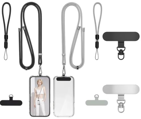 6 Pack Phone Lanyard Patch Kit, Universal Tether Tabs, Strap Adapter Set | Black and grey, adjustable carrying, 2 rotating metal rings, 4 patches and 2 long/short straps for phones, travel, shopping
