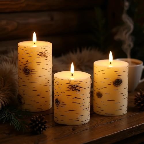 LED Kerze warm weiß in Birkenholz Optik 3er Set mit Timer - 18 | 15 | 13 cm - Künstliche Wachskerze mit Flacker Effekt - Deko Stumpenkerze Tischdeko Stimmungslicht Batterie betrieben für Innen