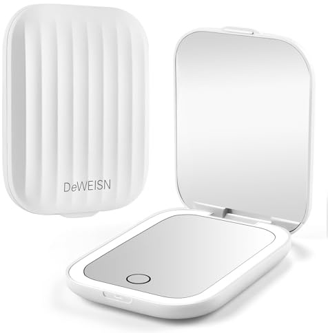 deweisn Compact Mirror,1X/10X Magnification LED Travel Small Portable Makeup Mirror with Lights 2-Sided,3 Color Lighting,Adjustable Brightness,Folding Mini Mirror for Purse,Pocket,Handheld,White