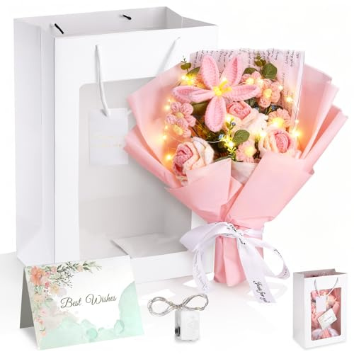 Ramo de Flores de Ganchillo, Flores de Crochet con Ramo, Bolsa, Guirnalda de Luces y Tarjeta de Felicitación, Rosas y Tulipanes Artificiales para Cumpleaños, Día de la Madre y Navidad (tulipanes)