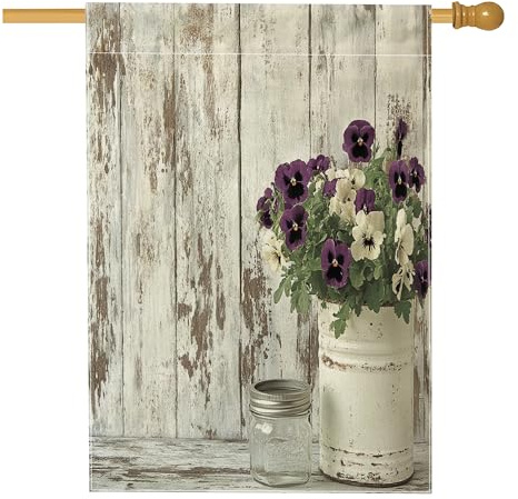 Banderas de casa de flores de pensamiento de primavera de 28 x 40 pulgadas, de doble cara para exteriores, flores rústicas, banderas verticales estándar de lona para el hogar, decoración de patio