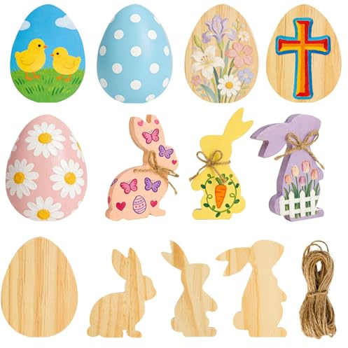 Fangoo 12 Piezas Adornos Huevo Conejito de Madera de Pascua Etiquetas de Pascua Sin Terminar para Centros de Mesa Decoración Rústica Pintura Fiesta de Primavera Manualidades DIY Bandeja Escalonada