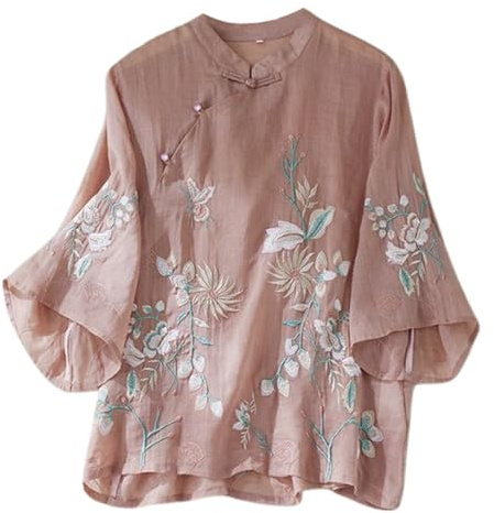 Blusa Donna Elegante - Maglietta Donna in Lino con Ricamo Sottile Maniche Corte Copertura Pelle Stile Etnico retrò Letterario