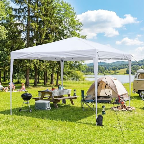 VOWNER Cenador Plegable 3x3m, Pergolas de Jardin, Toldo de Jardín de Altura Ajustable con 4 Bolsas de Peso, Piquetas y Cuerdas, Cenadores para Jardin, con Bolsa de Transporte, Blanco