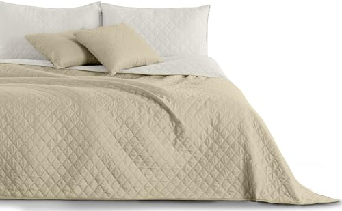 DecoKing 32992 Tagesdecke 170 x 270 cm weiß Hellbeige Bettüberwurf Axel | zweiseitig Steppung pflegeleicht White Cappuccino