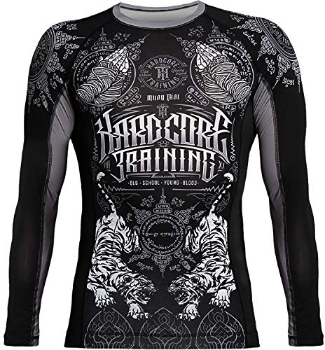 Hardcore Training Rash Guard Uomo Maglietta a Compressione MMA BJJ Arti Marziali Boxe Fitness Grappling No Gi (IT, Testo, XL, Regular, Regular, Nero Argento)