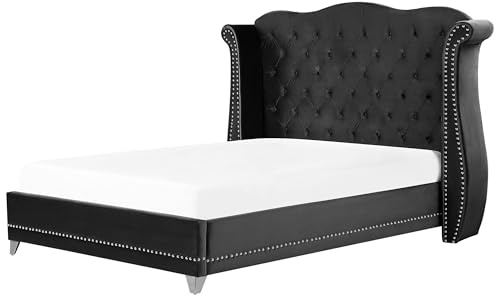 Beliani Bett Samtstoff im Chesterfield Stil hohes Kopfteil schwarz 180 x 200 cm Ayette