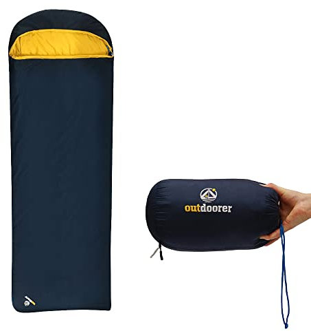 Leichter Deckenschlafsack Trek Comfort von outdoorer mit 880g – Reise Schlafsack Erwachsene in Blau, sehr kleines Packmaß 28x15cm