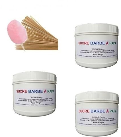 Pack de 3 Pots de 500 grs de sucre barbe à papa au choix + 100 batons 30 cm OFFERT