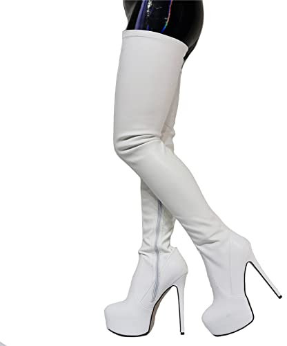 BeAUZQ Damen Sexy Elastizität Oberschenkel Hohe Stiefel Modisch Weiß Stilettos Overknee Stiefel Fetisch High Heels Sexy Stripper Club Pole Dance Schuhe,Weiß,45