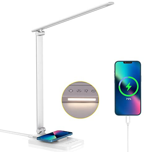 LED Desk Lamp with Wireless Charger, Eye Protection Bedside Lamp with Night Light, 5 Light Modes x 5 Levels of Brightness, Touch Control, USB Charging Port, Auto Timing,Dimmable Desk Lamps for Study