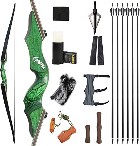 wolfman 60 Zoll Recurvebogen Set Erwachsene 20-60 Lbs BogenschießEn Langbogen Set Jagdbogen Pfeil Bogen Set Erwachsene Sportbogen Recurve Bogen Pfeil Set Rechtehand (50Lbs, Grün Bogenset)