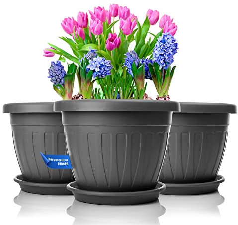 BigDean 3X Blumentopf mit Untersetzer rund ø33xH25 cm anthrazit - wetterfester Pflanzkübel - Wasserablauf UV-beständig aus bruchsicherem Kunststoff - Innen + Außen geeignet - Made in Europe
