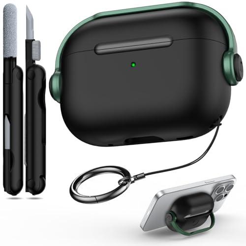 R-fun Compatible with Airpods Pro 2nd/1st Generation Case Cover (2022/2019) with Secure Lock, Music Headset Earphone Protective Case with Cleaning Kit Compatible with Airpods Pro case,Black & Green