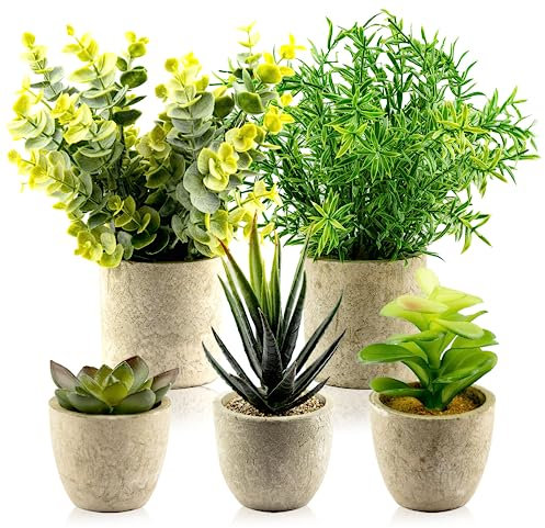 TRNZ Decorative Artificial Plants in Pots Set of 5 - Small Plastic Fake Plants Indoor with Pot - Eucalyptus Rosemary Succulents Mini Faux Plants for Wall Desk Bedroom Decoration