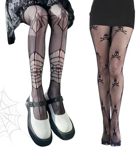Leonshco 2 par halloween nätstrumpbyxor svart fisknät strumpor dödskalle spindel nylonstrumpor damer jul trumpbyxor nätstrumpor häxa vampyr rave temafest halloween kostym tillbehör