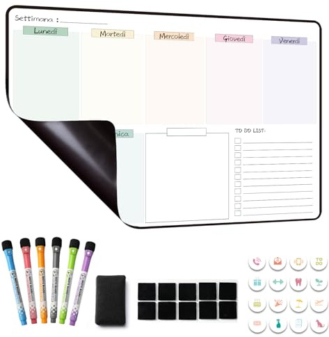 MCCORL Tableau hebdomadaire magnétique pour réfrigérateur, calendrier familial magnétique, To Do List, planification hebdomadaire effaçable pour cuisine 42 × 28 cm – en italien