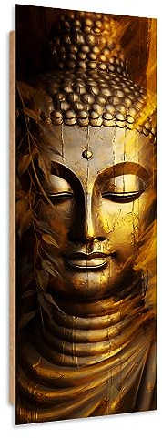 Feeby Bilder Buddha Buddhismus 25x70 cm 1 tlg Schlafzimmer Modern Deco Panel MDF Kunstdruck Wand Bild Wanddeko Design Wohnzimmer Büro Flur Hotel Spa Zen Yoga Orient Gold