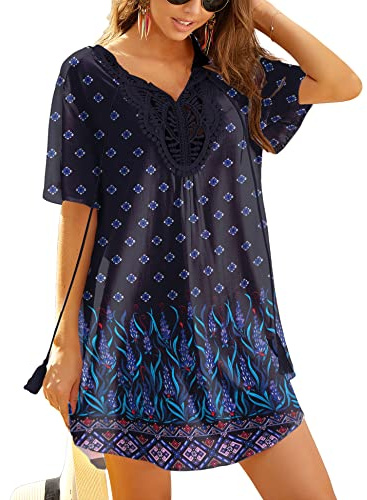 Ekouaer dam strandklänning spets strandtunika V-ringad kort sommar strandponcho bikini cover up S–XXL, Svart boho 28, L