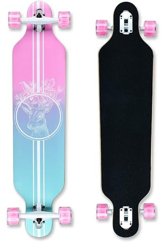 Longboard Skateboard für Jungen Mädchen Anfänger Erwachsener Teenager,Cruiser komplettes Board 8-lagiger Ahorn Longboard Bürste Street Dance Board mit T-Tool (PINK-Deer)