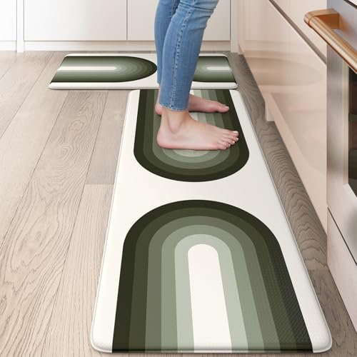 LEEVAN Rainbow gepolsterte Küchenmatten für den Boden, 2 Stück, Anti-Ermüdungsmatten für Küchenboden, rutschfeste Stehmatte, wasserdicht, ergonomischer Küchenteppich für Waschspüle, Büro, Grün/Weiß