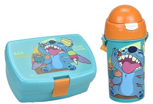 PRESTIGE & DELUXE Kit goûter pour petit-déjeuner compatible Lilo & Stitch 2 pièces Gourde 500 ml et porte-goûter pour enfants