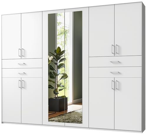 Lomadox Kleiderschrank mit Spiegel, 270 cm breit Garderobenschrank Wardrobe Schlafzimmerschrank Schrank modern in weiß
