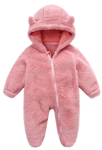 Geagodelia Toddler Infant Baby Boy Girl Romper Snowsuit Long Sleeve Bear Shaped Footies Hooded Button Up Full Length Plush Zipper Closure Winter Warm Fuzzy Fleece Jumpsuit (Pink, 0-3 Months)