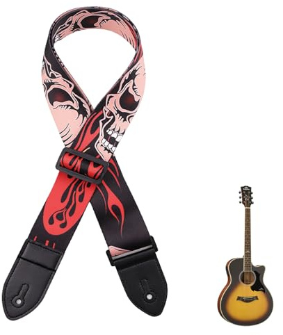 Tracolle per Chitarra, Tracolla Chitarra Elettrica, Tracolla per Chitarra Regolabile con Estremità in Pelle, Accessori per Chitarra, per chitarre acustiche, classiche, elettriche e bassi (Rosso)