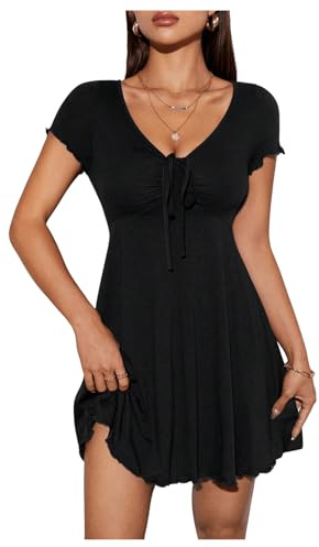 SweatyRocks A Linien Kleid Damen Sommer Kleid Mit V Ausschnitt Kurz Minikleid Mit Rüschen Freizeitkleid Kurzarm Kleid Mit Knoten Schwarz L
