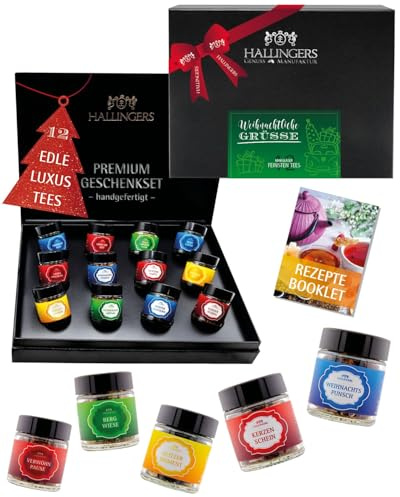 Hallingers Genuss Manufaktur Tee Weihnachts-Geschenk-Set - 12 Sorten premium loser Tee Probierset in edler Geschenkbox mit Rezept-Booklet Weihnachtliche ..., Weihnachten für Frauen Männer