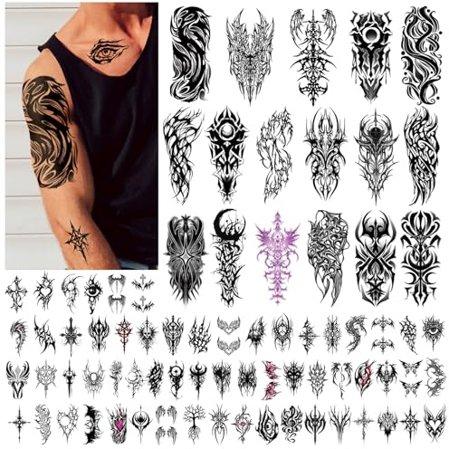 77 Blätter Cyborg Tribal Temporäre Tattoos für Männer Frauen und Kinder, Halber Arm Skelett Totenkopf, Realistisch Vintage Schmetterling Cosplay Gefälschte Aufkleber Wasserdicht für Schulter Nacken