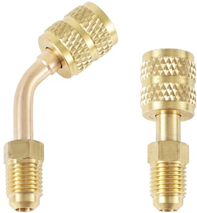 Gosknor 2pcs Adaptateur R410a pour Mini Split System, Adaptateur Droit et Coudé à 45° Adaptateurs Port Charge sous Vide 5/16 SAE Femelle vers 1/4 SAE Mâle Flare pour Réfrigération Climatiseur HVAC
