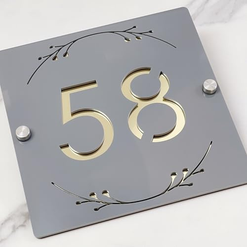 3D-hohles Acryl-Hausnummernschild mit dekorativem Blumen-Design – benutzerdefinierte Lasergravur-Adress-Plakette für die Wand, mattes Finish, schwebende Tür (Graugold)