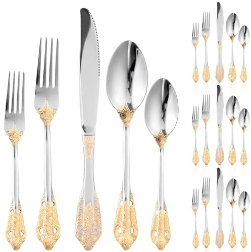 Cutlery Set 20 Pcs Stainless Steel Flatware Set with Matte Polish Service for 4 Fine Silverware Set with Spoon Knife and Fork for Home Party Restaurant Dishwasher Safe (Sliver + Gold)