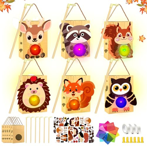 HEYIDAMAI 6er Laternen zum Selber Basteln für Kinder, Laternen Bastelset mit LED und mit Buntglas Effekt, Fuchs, Eule, Eichhörnchen, Elch, Bär, Igel Laterne Bastelset, für Mädchen und Jungen