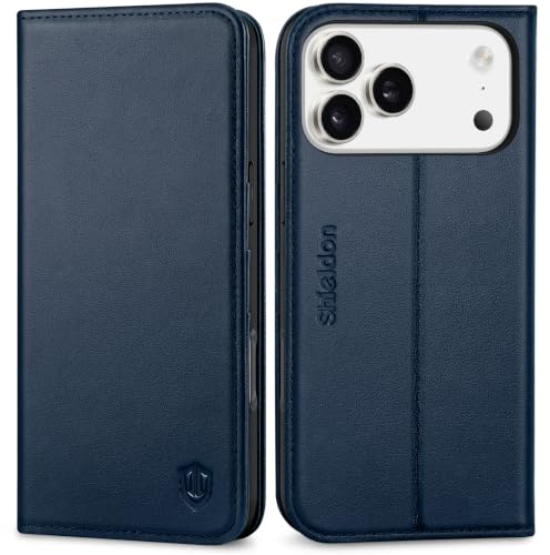 SHIELDON Echtleder Hülle für iPhone 17 Pro Max 6,9 5G 2025, Marineblau | Lederhülle, Klapphülle, RFID Blocker, Ständer, 3 Kartenfächer, Handy-Ösen, TPU Magnetische Handyhülle, Kartenhalter