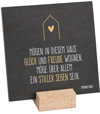 Butzon & Bercker Schiefer-Schild Haussegen - 10x10 cm Deko-Spruchschild | Segensspruch auf Schiefertafel mit Holzsockel - Irmgard Erath Text - Christliches Geschenk für Tisch und Regal