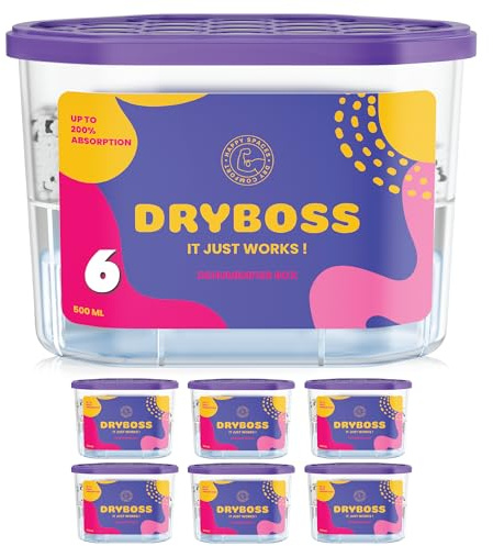 DRYBOSS Pack x 6 Deshumidificador Absorbente Anti Humedades de Armarios, Interior Casa, Cajones, Habitacion, Pared, Coche. Quita Olores y Absorbe Humedades. Previene Condensación. Antihumedad