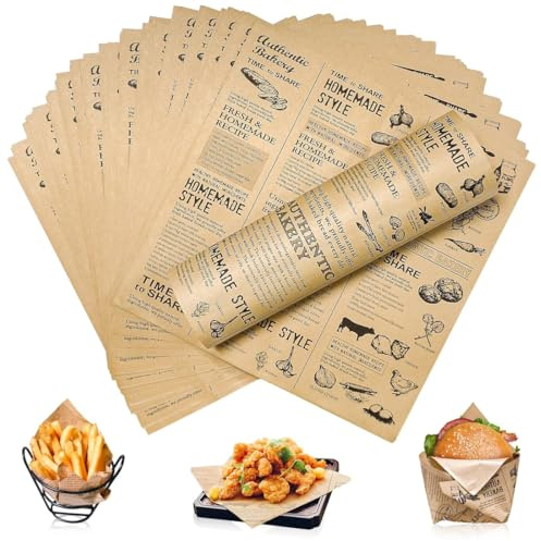 JUGUTA 50 Pièces Papier Burger, Papier Sulfurisé, Papier Emballage Alimentaire, Papier Alimentaire Résistant à l'Huile et à l'Eau, Style Journal, Pour Burgers, Sandwichs, Paniers Repas, Frites, Pizza