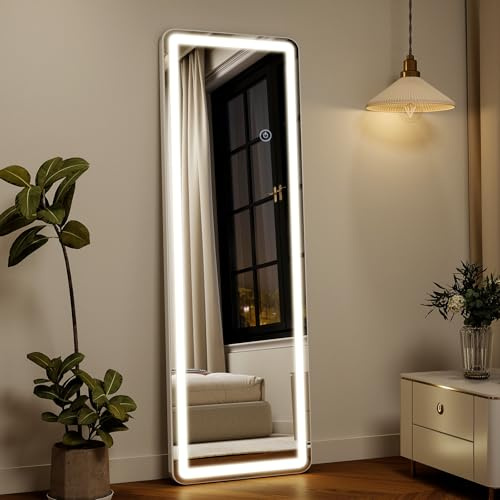 Koonmi 150x40 cm LED Full Length Mirror with Lights, Light-adjustable Full Body Mirror with Stand Equipped with Touch Buttons, White