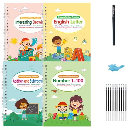 Magische Gerillte Schreibbücher Für Kinder 17x12cm 4-in-1 Magic Grooved Practice Copybook Set Schreibhefte Mit Verschwindender Tinte Für Kinder 3-8 Jahre Für Kindergarten, Vorschule Und Zuhause