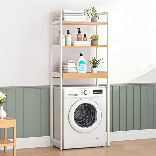 OVLRIJP Tvättmaskinhylla, tvättmaskinsskåp bambu med 3 hyllor, tvättmaskinshylla, hylla över tvättmaskin och toalett, tvättmaskinshyllor för badrum, kök, vardagsrum