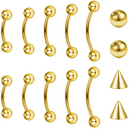 Besyvvin 10 pezzi Barbell curvo 16G Piercing Labbro Setto nasale Sopracciglio Rook Daith Stud Oro 6-14mm
