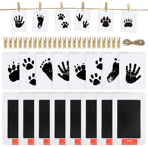 8 st baby-handavtryck och fotavtryck, babyavtrycksset ren touch stämpelkuddar fotavtryck med 24 x Clean Touch stämpelkuddar 24 x klämmor och klämmor snöre för baby shower familj gåva